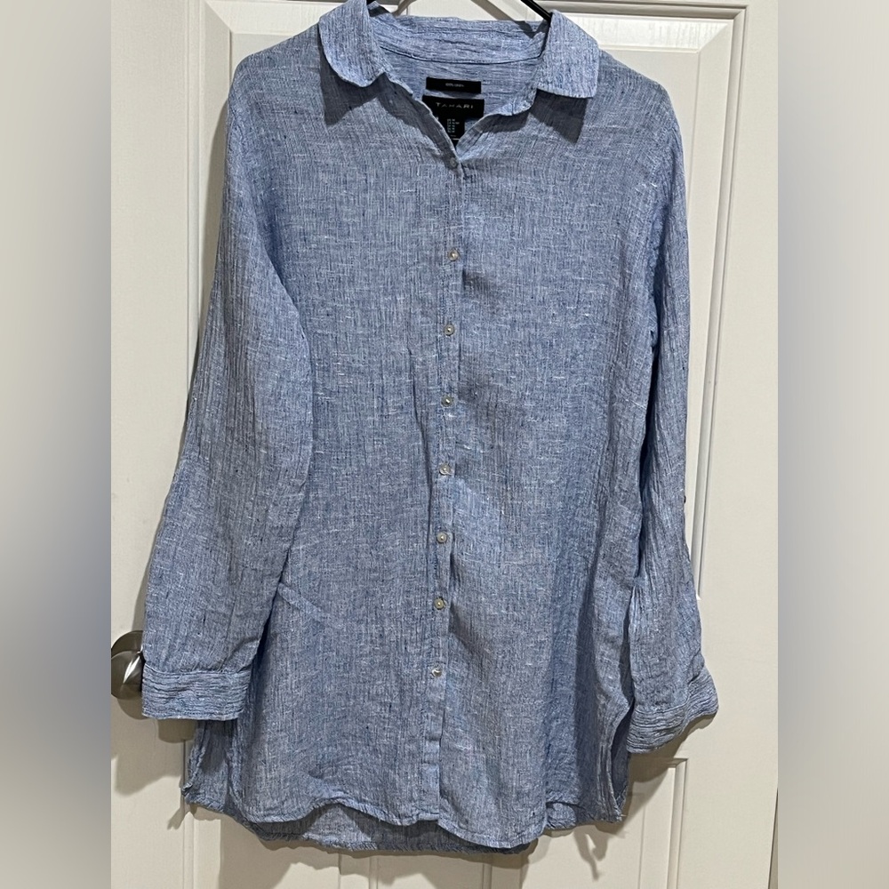 Casual Light Blue Button-Up LINEN TUNIC SHIRT BY TAHARI, WOMENS SIZE M - Picture 3 of 9